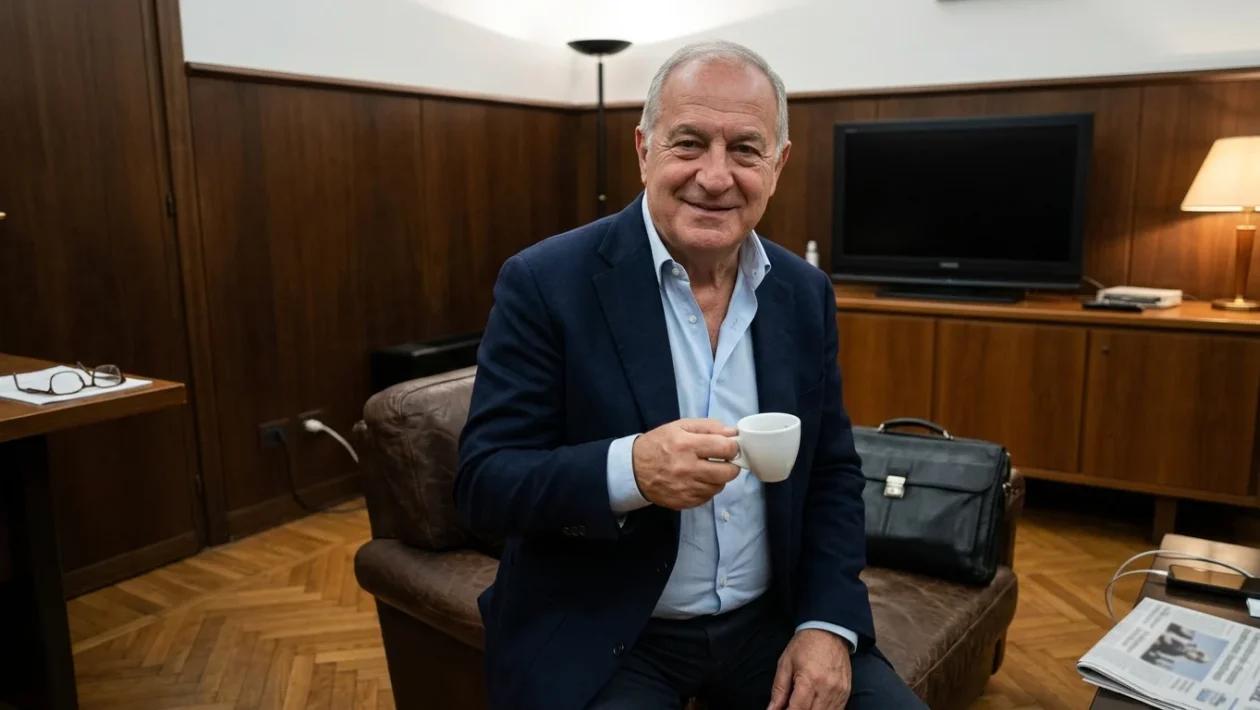 Il conduttore televisivo Gerry Scotti impegnato negli studi televisivi di Milano