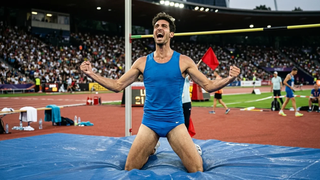 Gianmarco Tamberi esulta sulla pedana del salto in alto all'Ultimate Championship di Budapest