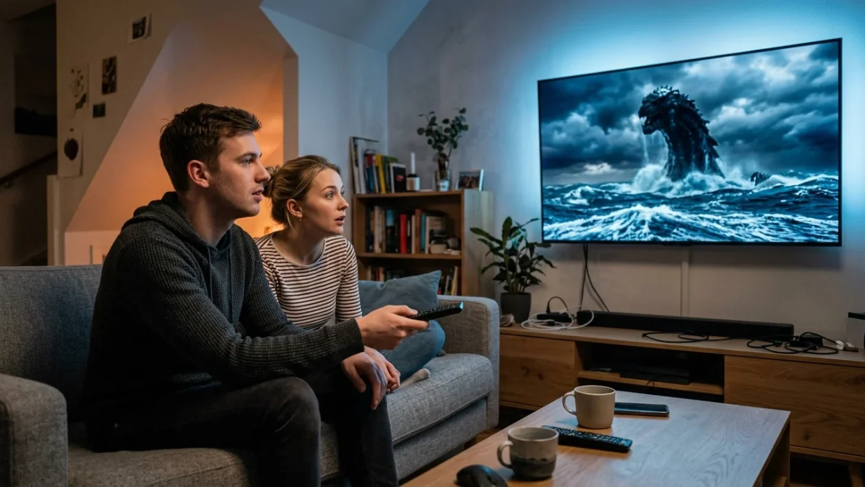 Locandina cinematografica con il gigantesco Godzilla che sovrasta una citta distrutta
