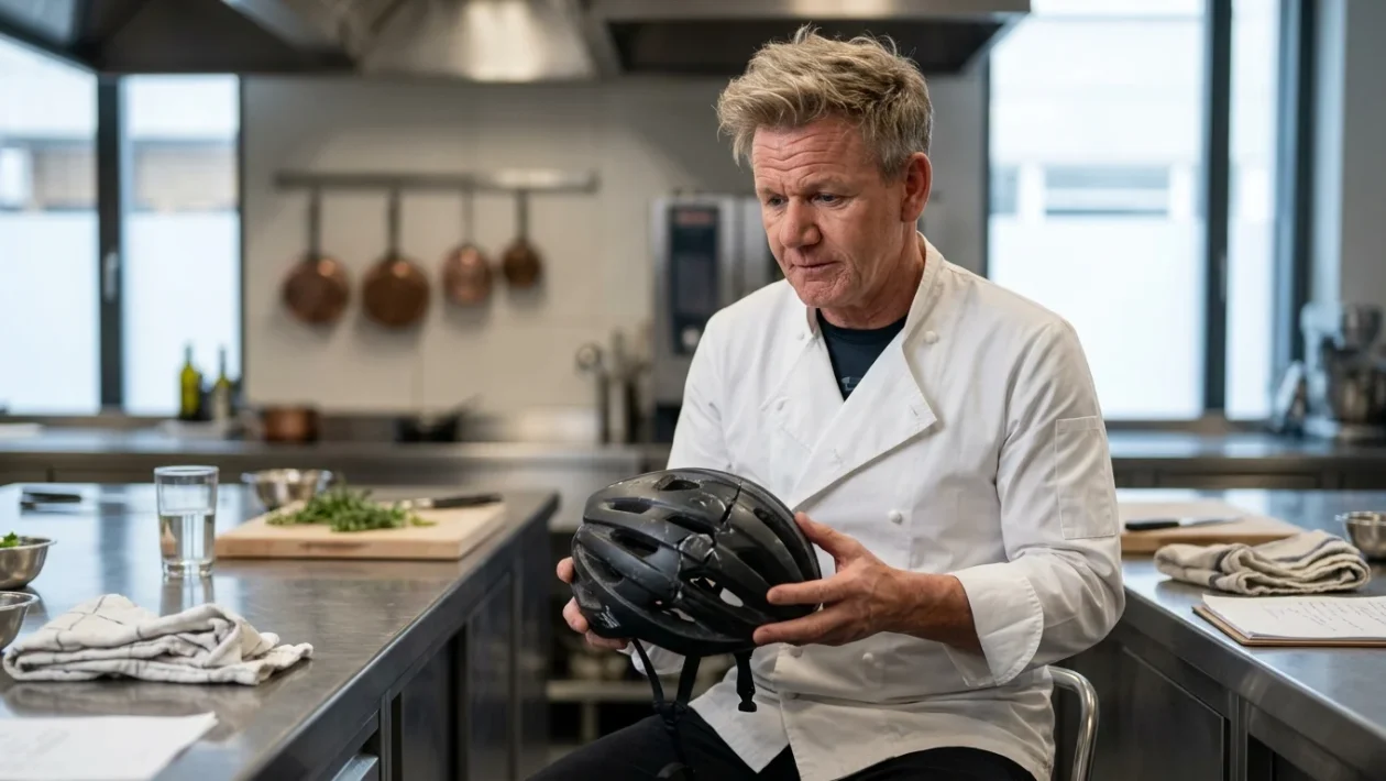 Gordon Ramsay con abbigliamento sportivo da ciclismo e casco protettivo