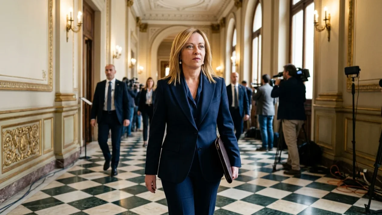 Giorgia Meloni durante una conferenza di governo