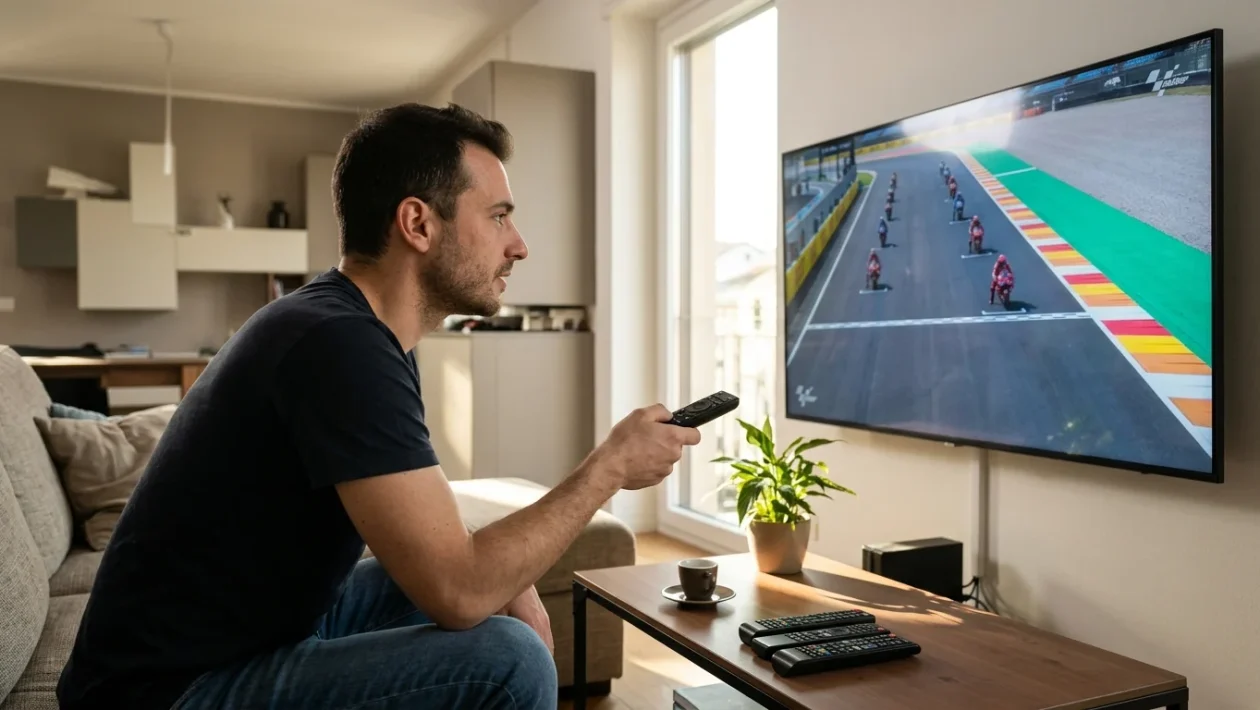 Pilota MotoGP in piega sul circuito di Misano durante il weekend del Gran Premio