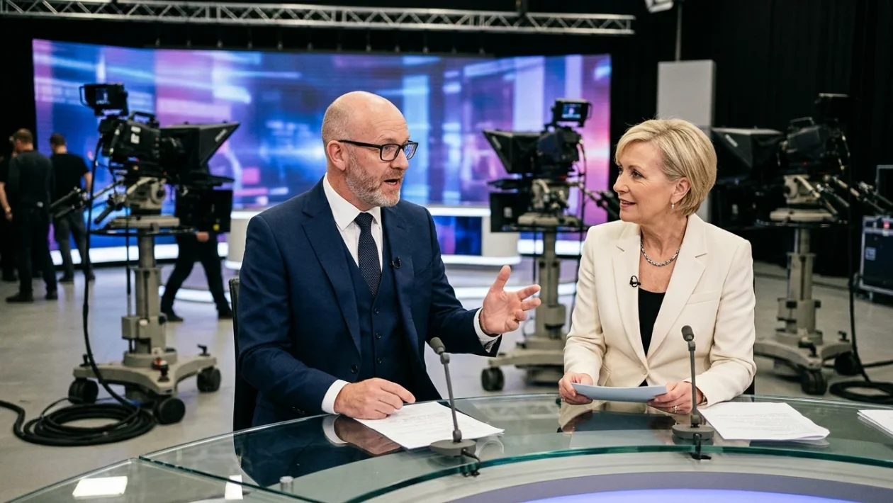 Studio televisivo del Grande Fratello con postazione opinionisti e conduttore