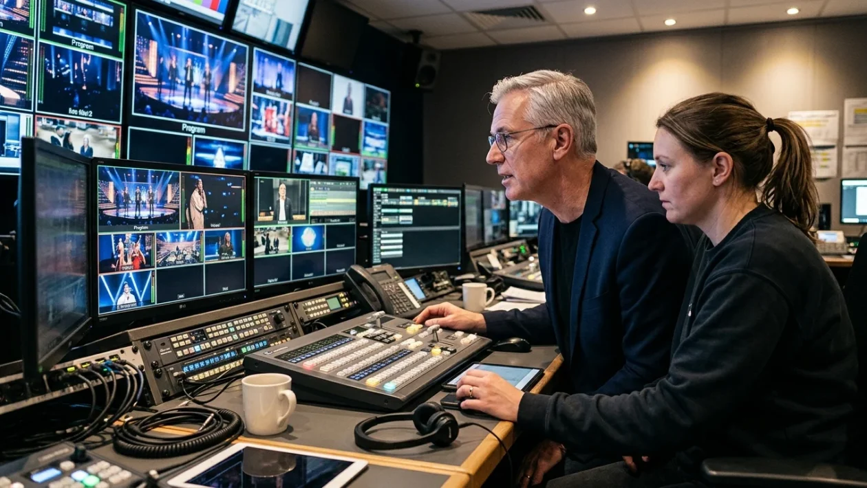 Studio televisivo del Grande Fratello durante una diretta serale su Canale 5