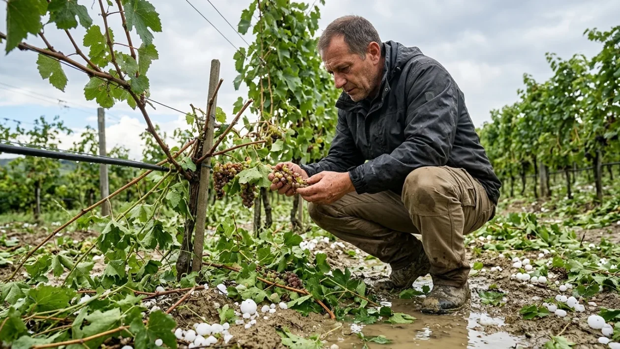 Vigneti danneggiati dai chicchi di grandine nei campi agricoli del Veneto