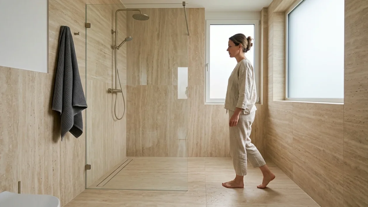 Bagno moderno rivestito con grandi lastre in gres porcellanato effetto travertino e doccia a filo pavimento