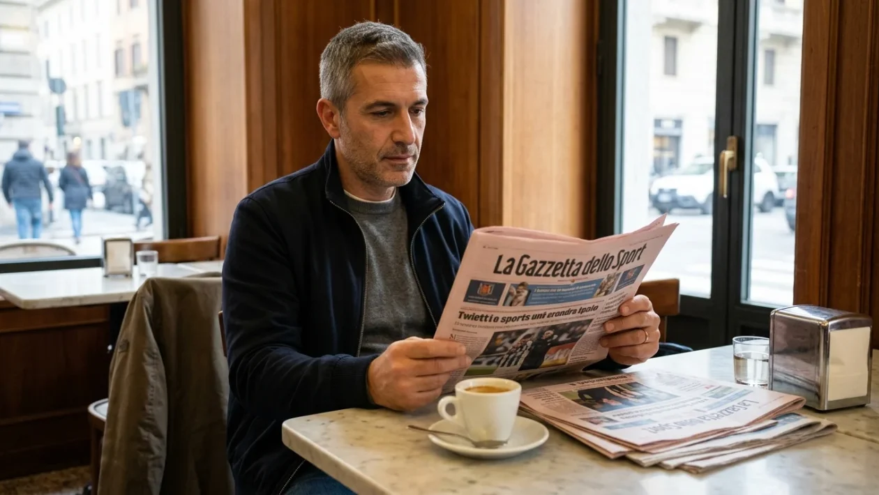 Prime pagine dei giornali sportivi italiani esposte in edicola