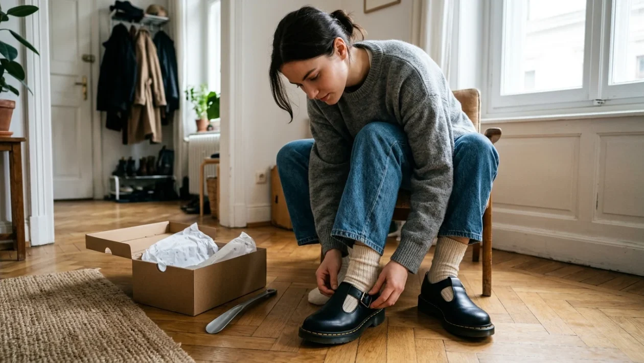 Scarpe Mary Jane Dr. Martens in pelle nera con fibbie e cucitura gialla