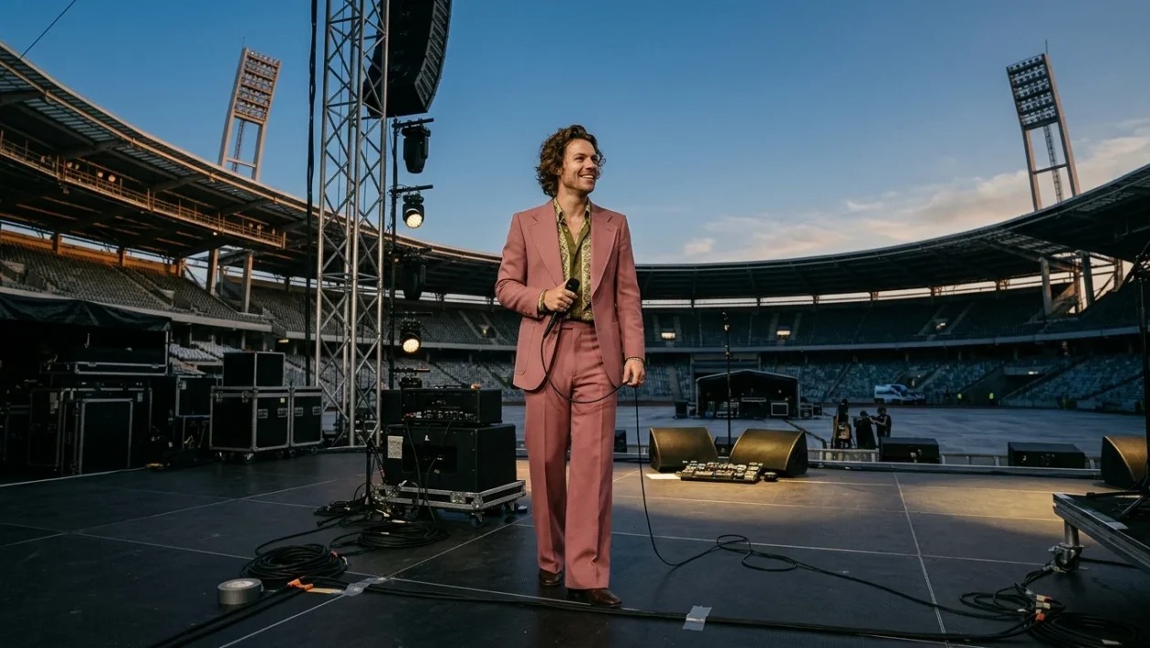 Harry Styles sul palco durante una performance live davanti al pubblico