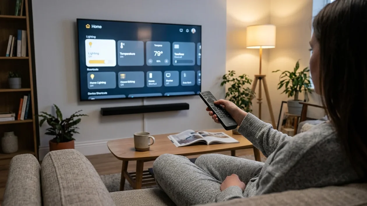 Telecomando puntato verso un televisore con interfaccia domotica per la smart home