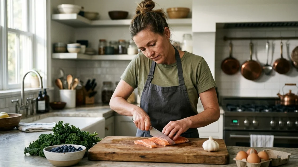 Composizione di alimenti freschi e nutrienti tra cui verdure a foglia verde, salmone e uova