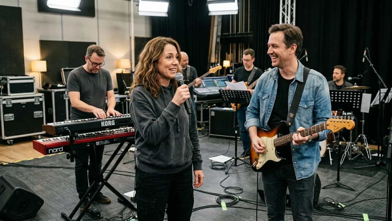 I componenti della band Fortuna Five negli studi televisivi di Mediaset