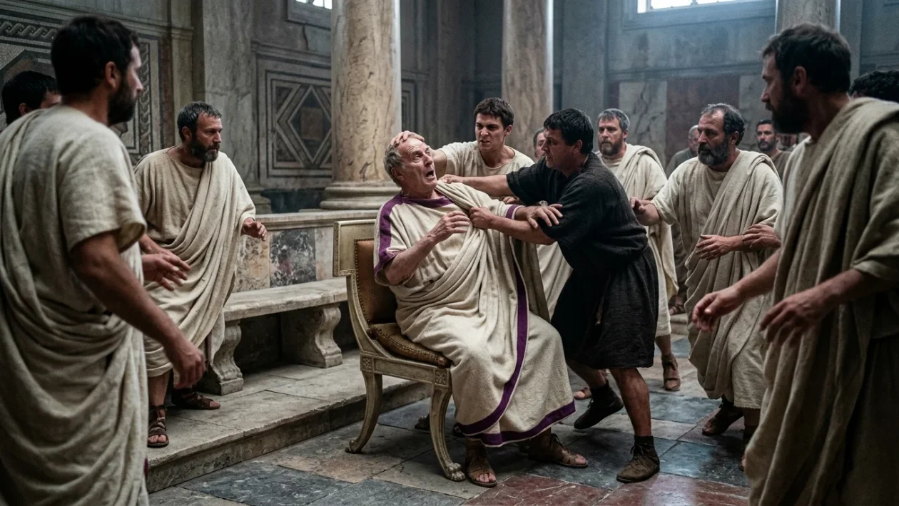 Rappresentazione storica dell'assassinio di Giulio Cesare nella Curia di Pompeo a Roma
