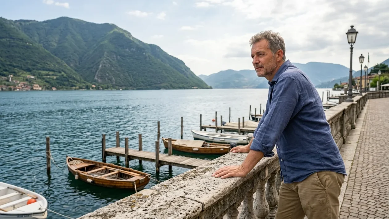 Panoramica del Lago d'Iseo con Monte Isola tra le province di Bergamo e Brescia