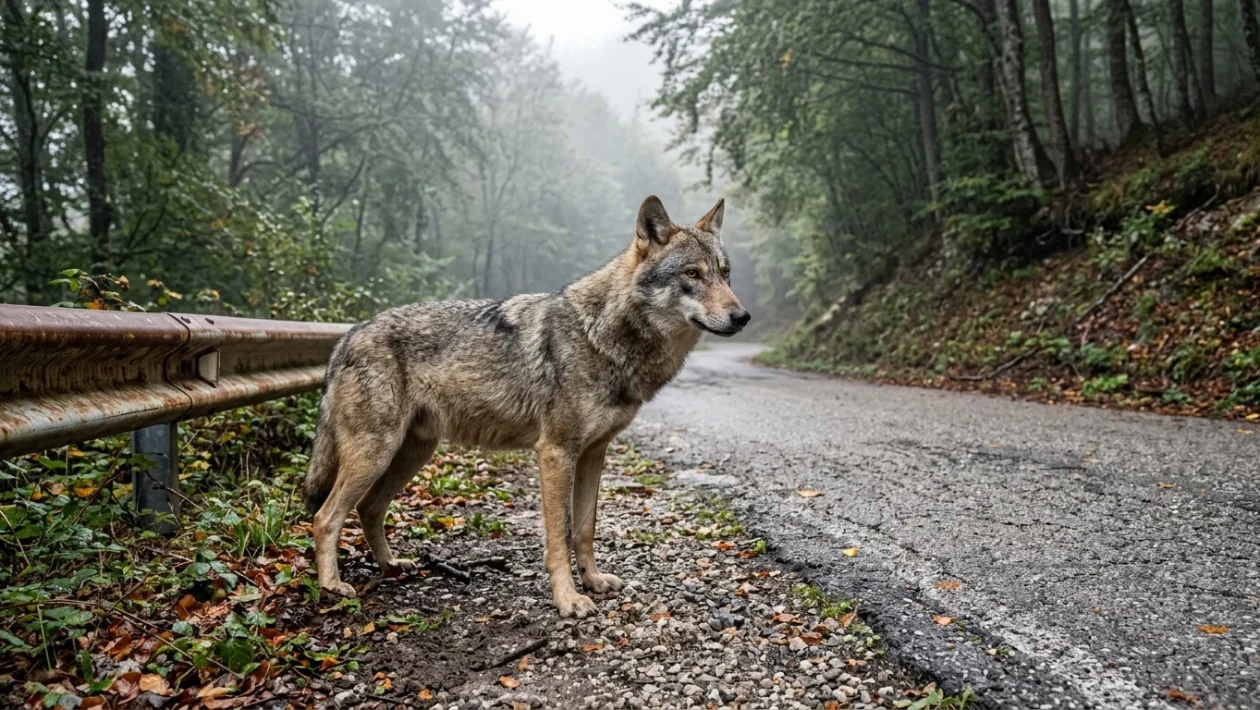 Esemplare di lupo appenninico Canis lupus italicus nel suo habitat naturale
