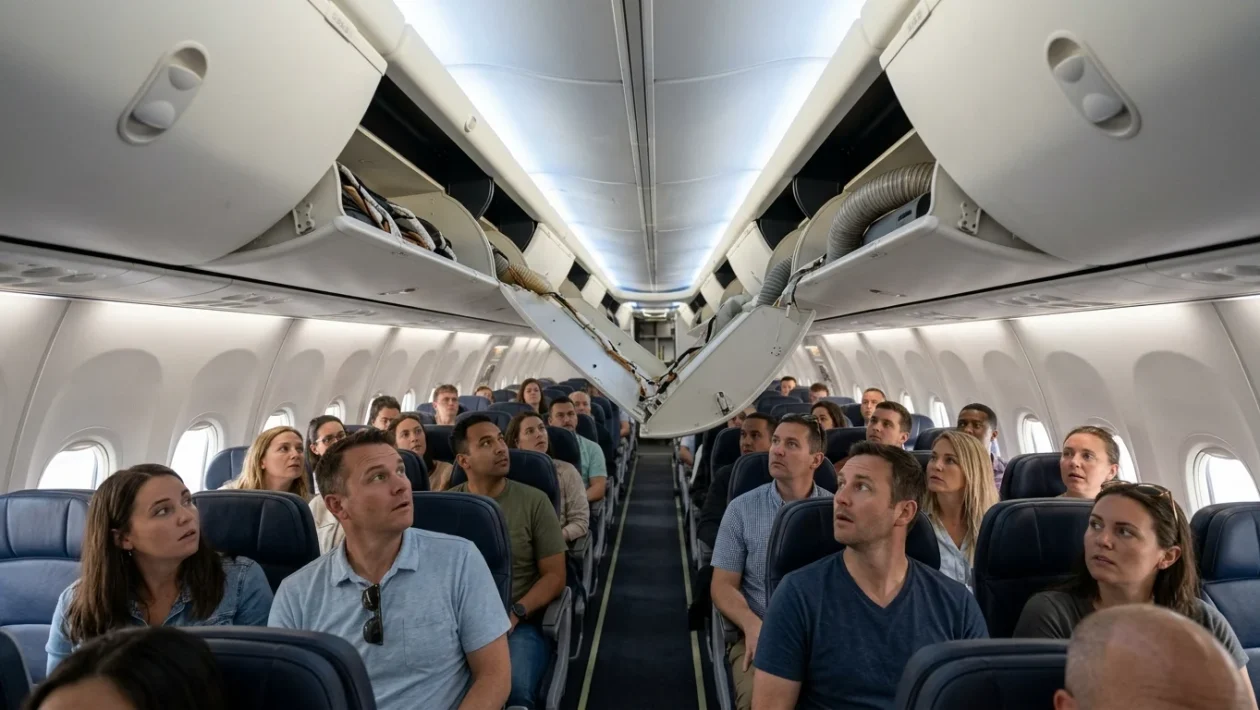 Interno della cabina di un aereo di linea con i pannelli del soffitto staccati lungo la fusoliera