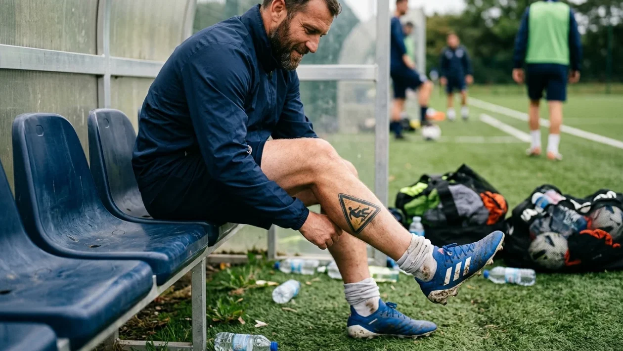 Dettaglio del tatuaggio triangolare sul polpaccio di Daniele De Rossi che raffigura un tackle in scivolata