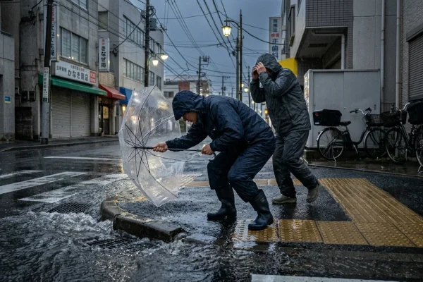 Piogge torrenziali e strade allagate a Tokyo per il passaggio del tifone Dujuan