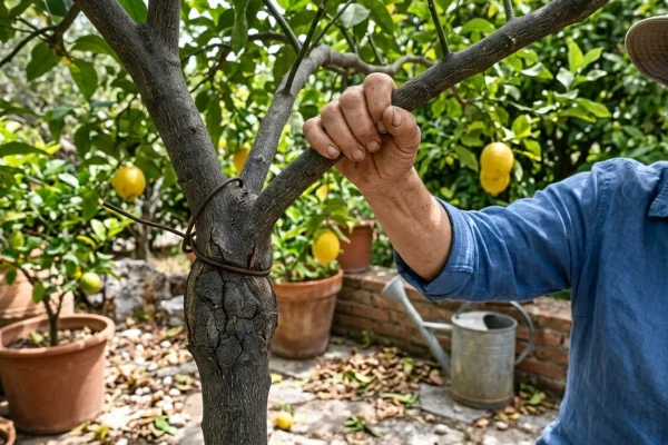 Filo metallico legato attorno a un ramo di limone