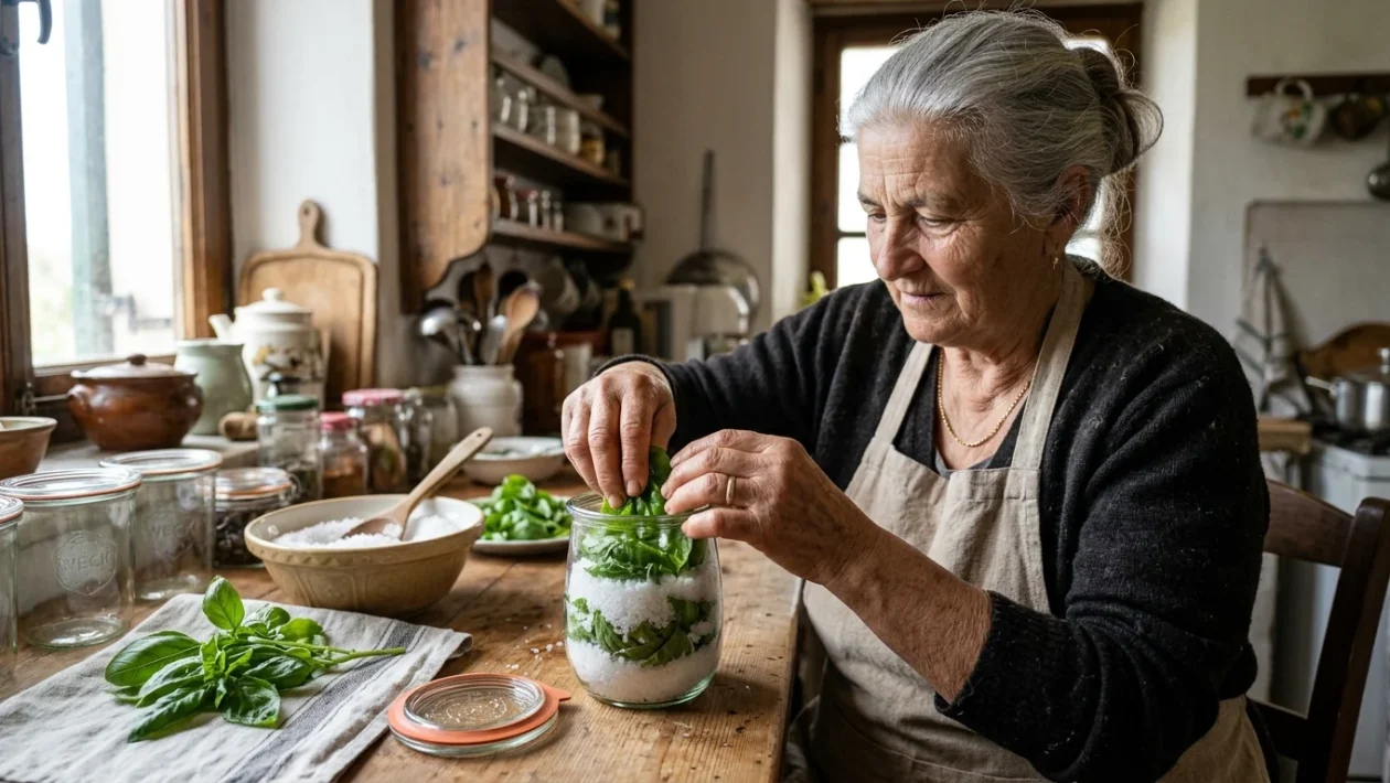 Foglie fresche di basilico verde disposte in un barattolo di vetro con sale marino grosso