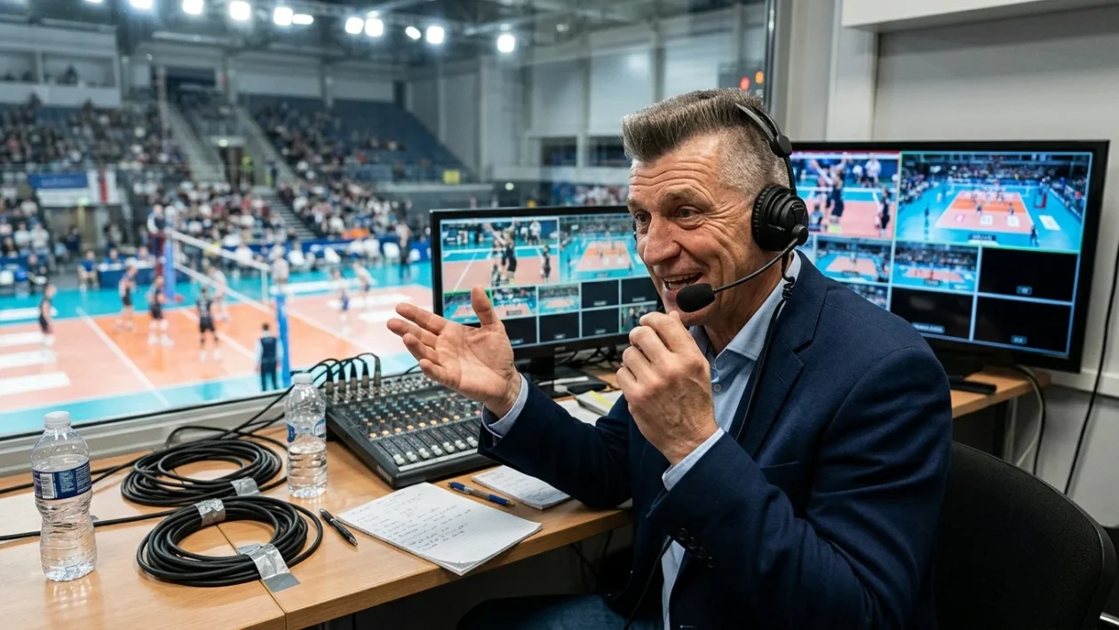 Andrea Lucchetta con le cuffie da telecronista sportivo Rai