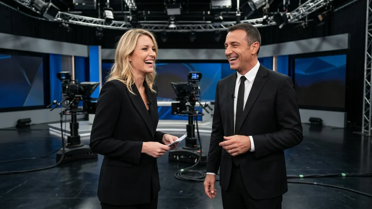 Teo Mammucari e Ilary Blasi nello studio del programma televisivo Le Iene