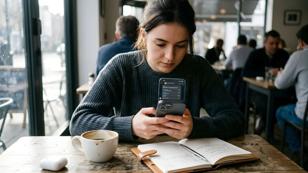 Mano che usa uno smartphone con chat sfocata su un tavolo con tazza di caffè, taccuino, penna e custodia auricolari