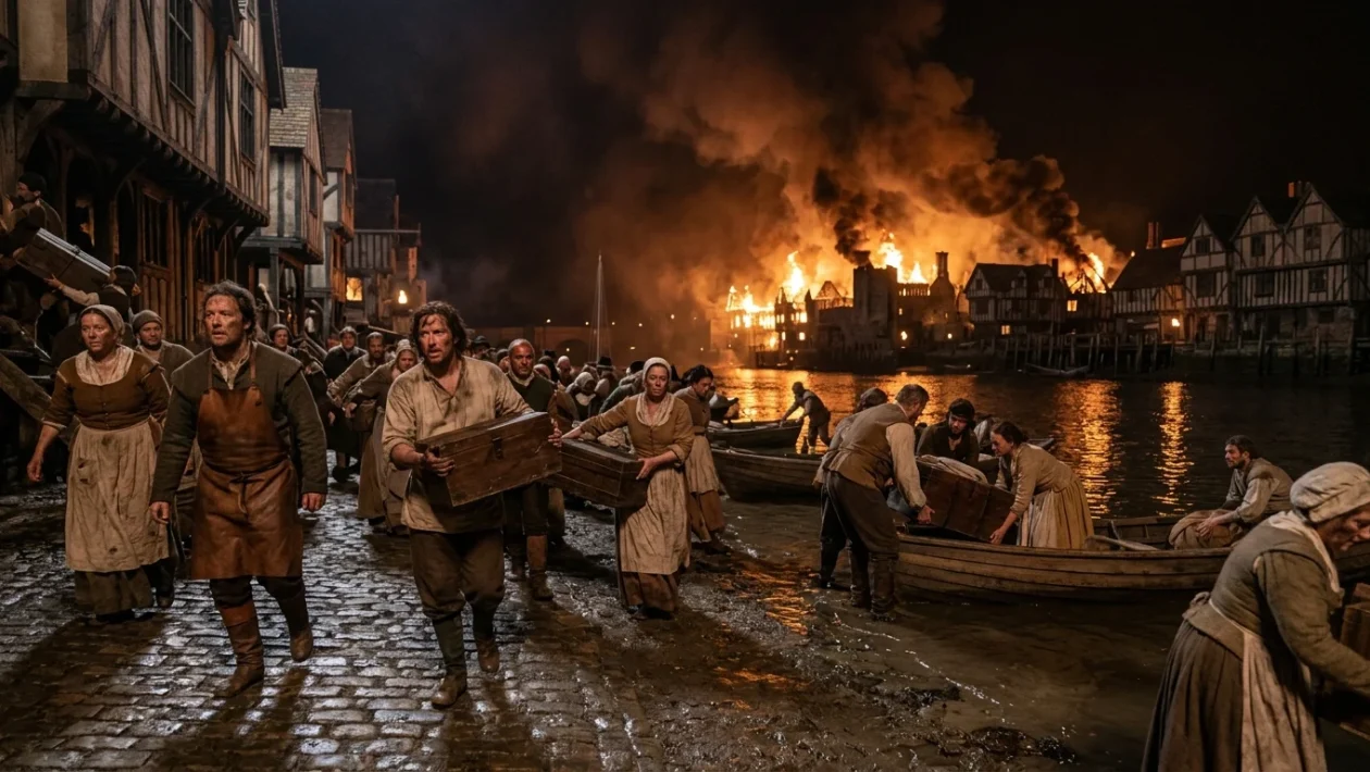 Rappresentazione storica del grande incendio di Londra del 1666
