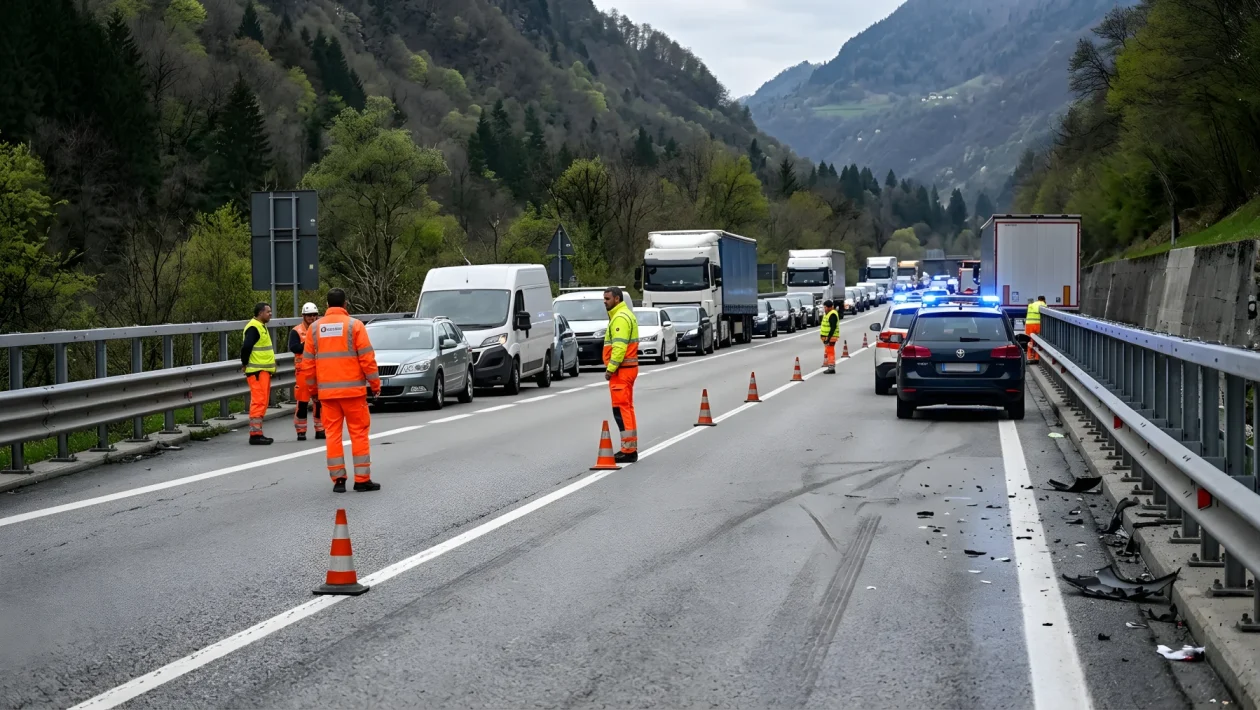 Soccorsi del 118 e pattuglie della Polizia Stradale sul luogo di un incidente lungo la strada statale 42