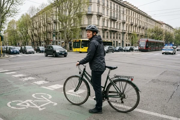 Veduta urbana delle vie di Torino con il traffico cittadino