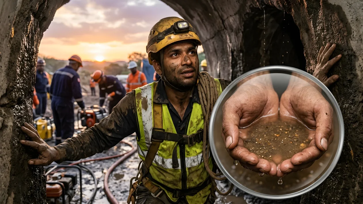 Tunnel sotterraneo allagato con fango e detriti dopo un disastro naturale