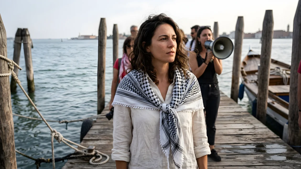 Irene Maiorino al sit-in per la Palestina durante la Mostra del Cinema di Venezia