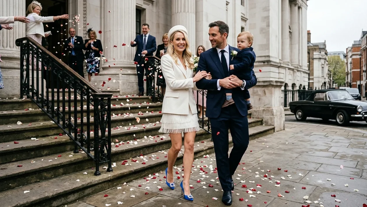 Isabel Getty e il marito Faris McKinnon all'uscita dal municipio di Chelsea a Londra