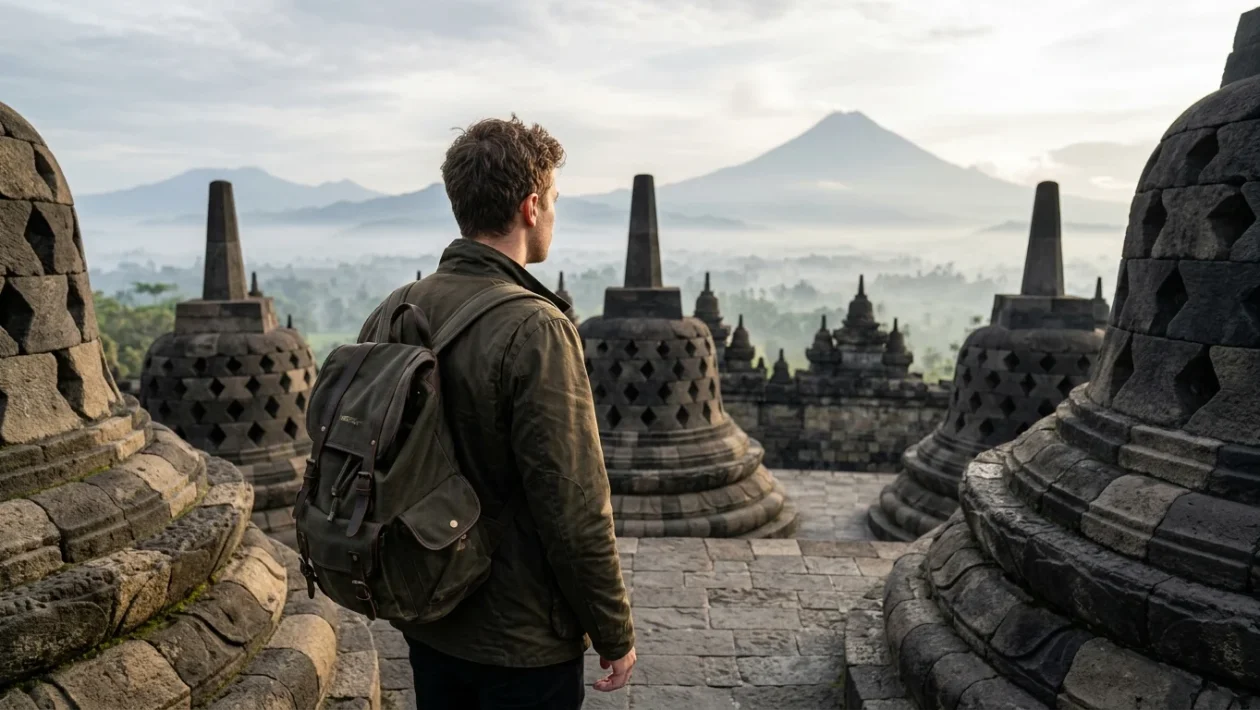 Tempio di Borobudur circondato dalla nebbia mattutina e dalle montagne nell'isola di Giava