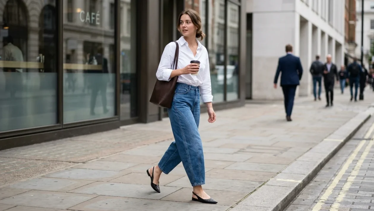 Modella in passerella con jeans balloon Celine collezione primavera estate 2026