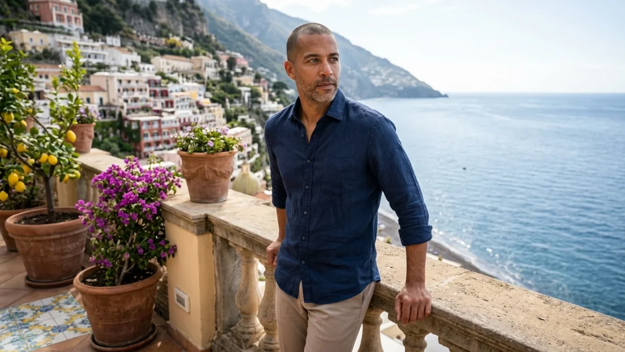 Jesse Williams sul set della serie tv Costiera a Positano con la Costiera Amalfitana sullo sfondo