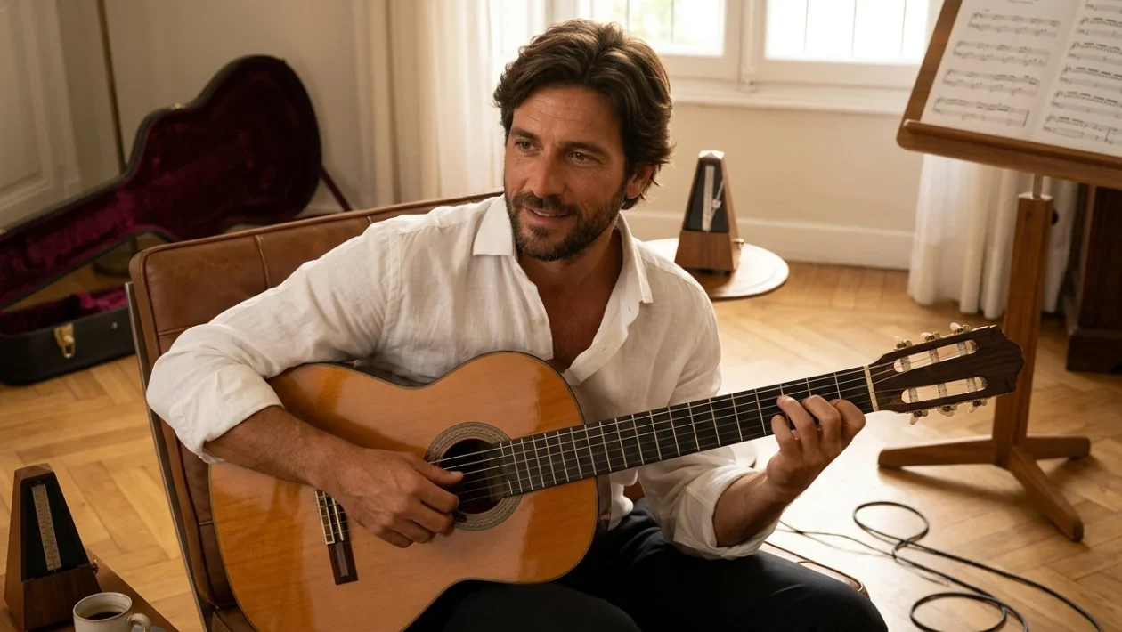 Chitarra classica con spartito musicale per lo studio degli accordi e del testo
