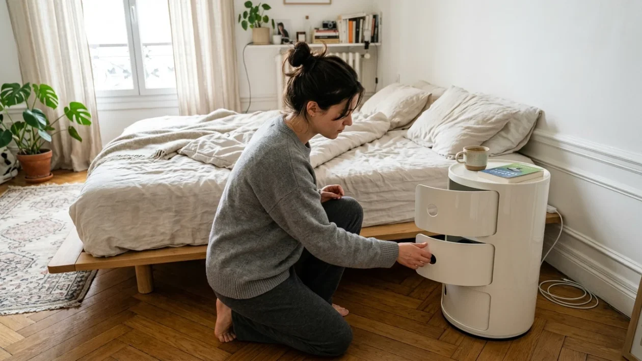 Mobile contenitore Kartell Componibili a tre cassetti di colore bianco posizionato in camera da letto