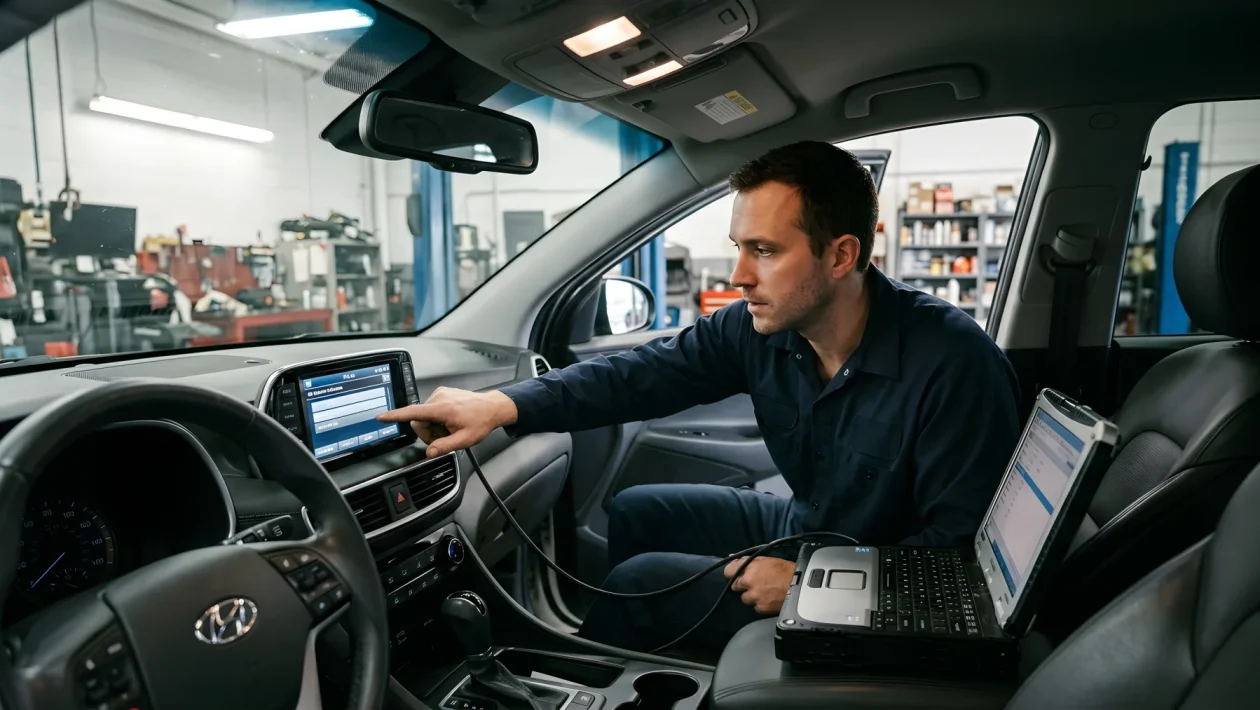 Tecnico con laptop collegato al sistema di infotainment di un'auto per verifiche del firmware