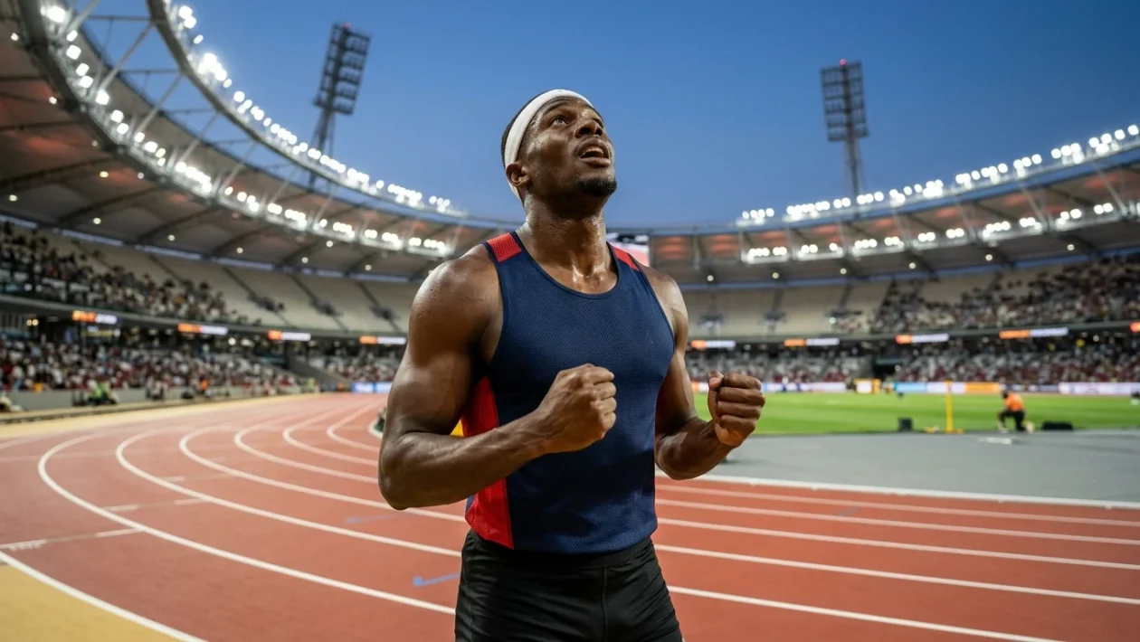 Lo sprinter americano Kenneth Bednarek in pista durante una gara di velocità
