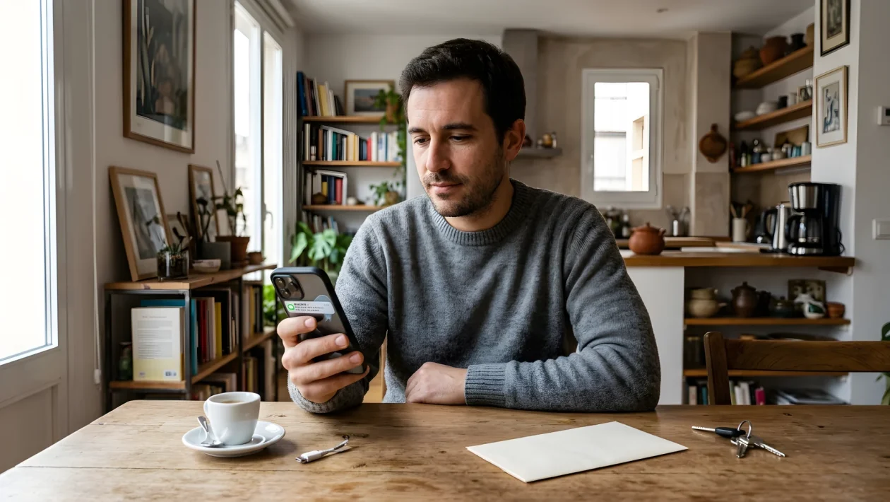 Smartphone con notifiche sfocate accanto a busta cartacea e documenti su una scrivania di home office