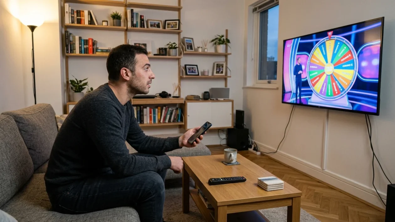 Studio televisivo con il tabellone e la celebre ruota a spicchi colorati