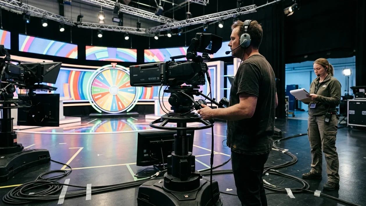 Studio televisivo con il tabellone e la ruota del celebre programma a premi