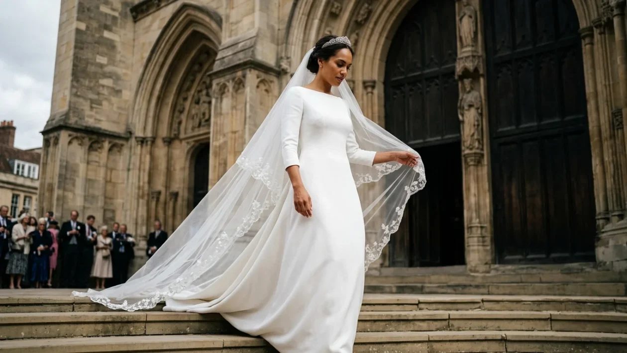 Dettaglio della linea essenziale e del velo dell'abito da sposa di Meghan Markle