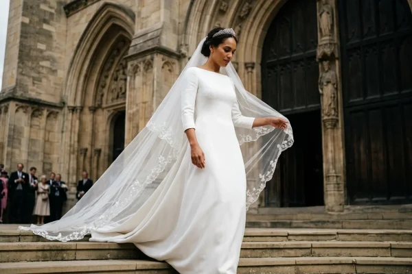 Dettaglio della linea essenziale e del velo dell'abito da sposa di Meghan Markle