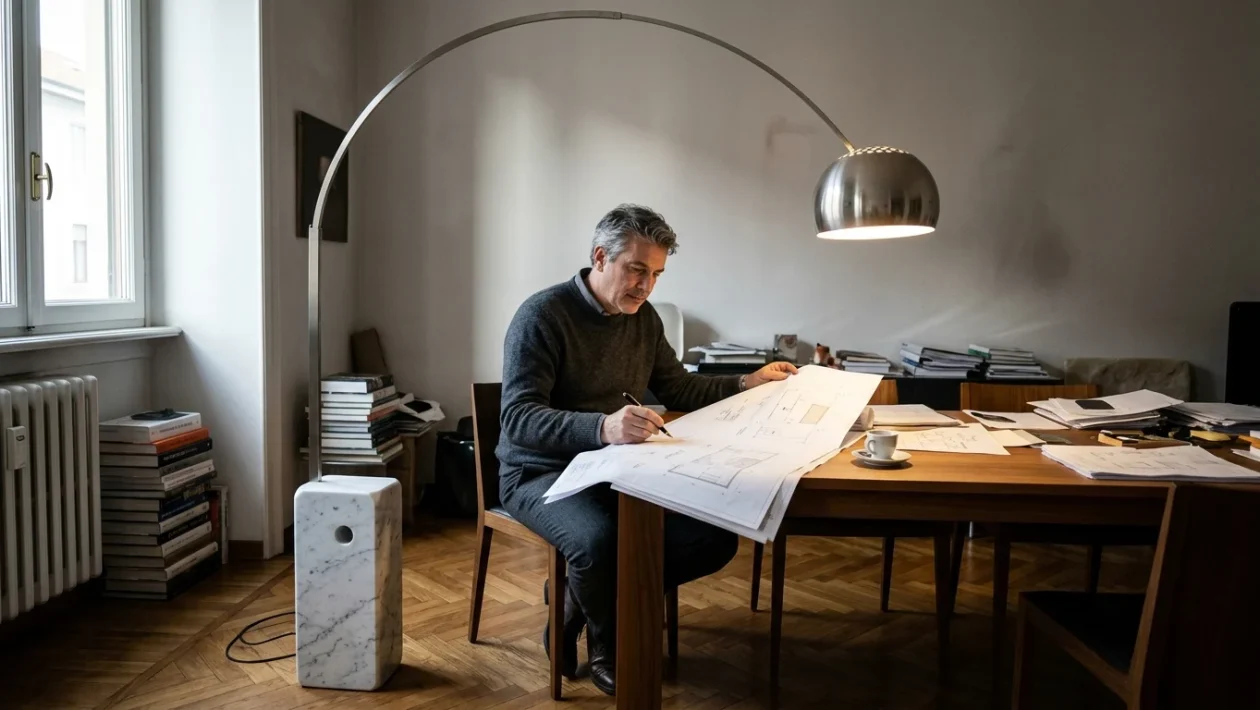 Dettaglio della base in marmo con foro passante e stelo della lampada Arco originale