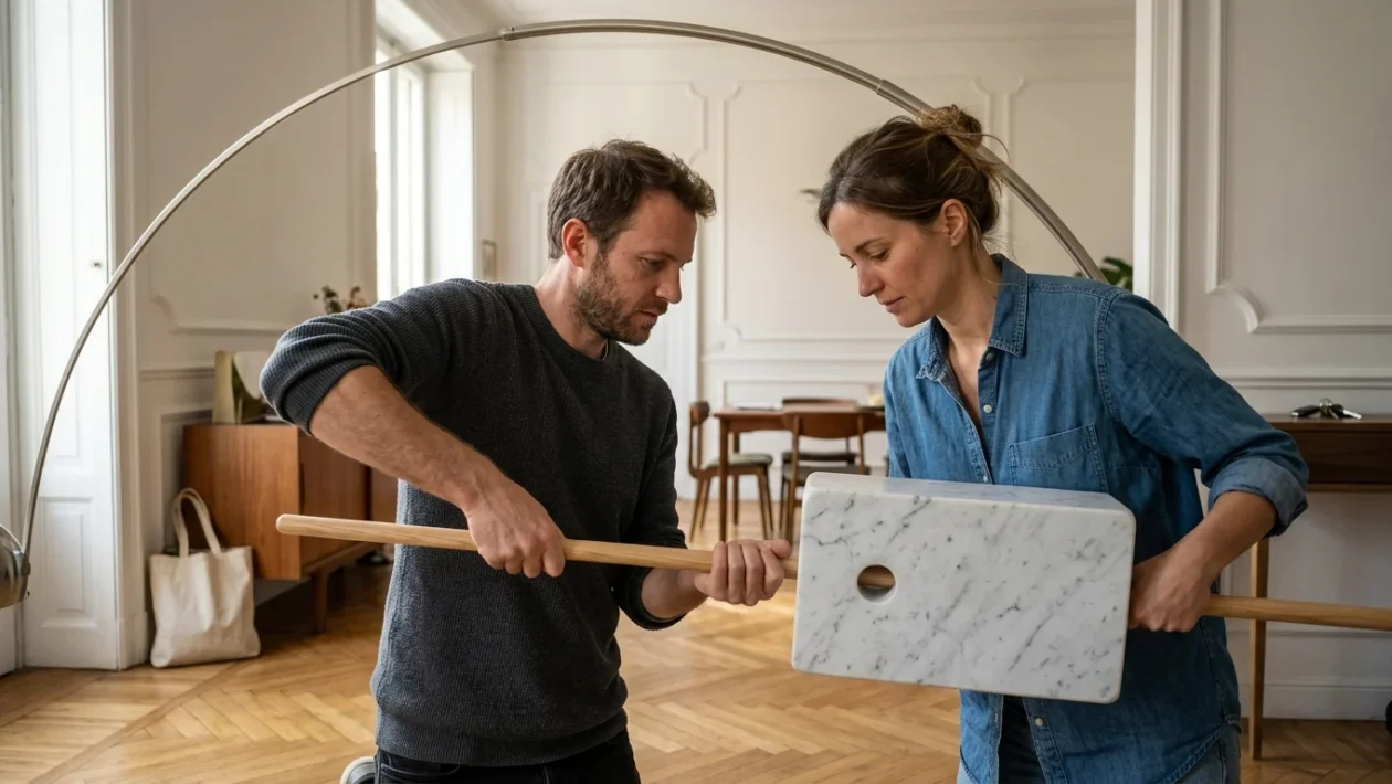 La celebre lampada Arco di Flos con base in marmo di Carrara e stelo telescopico in acciaio