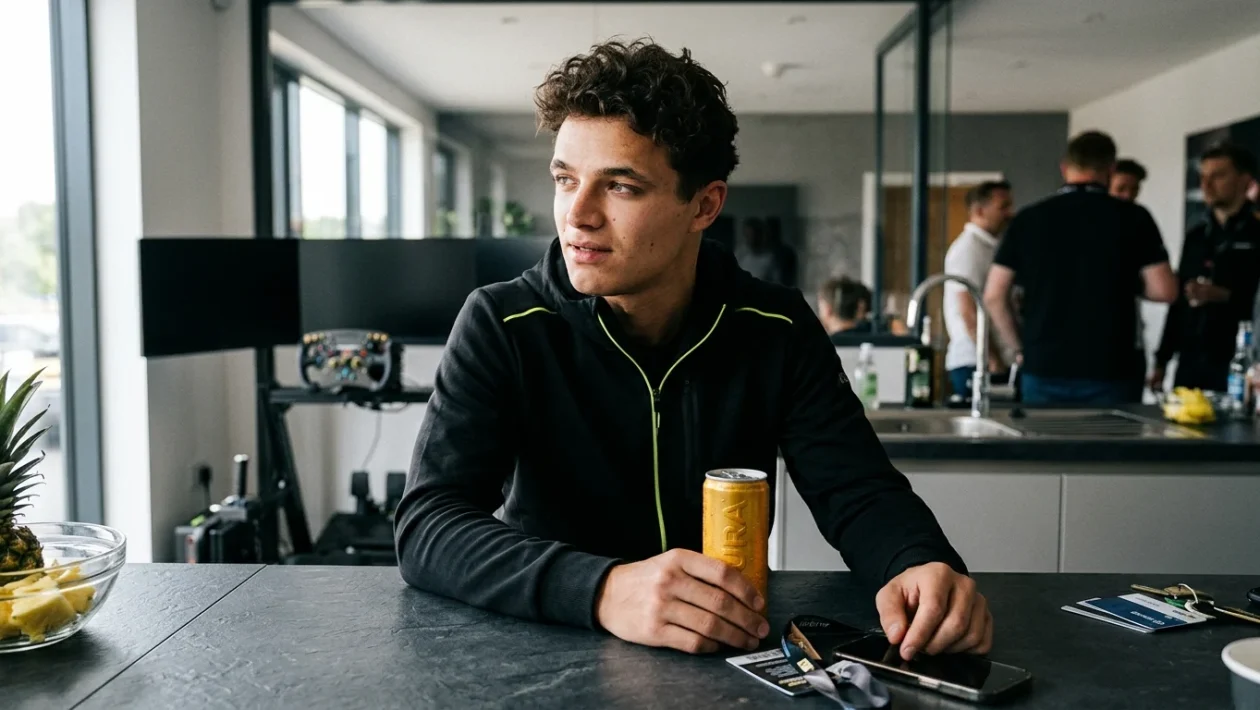 Lattina di Monster Energy Ultra Gold accanto a dettagli sportivi legati al motorsport