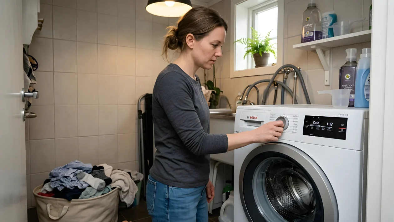 Mano che seleziona un programma sulla lavatrice, con cesto di bucato poco sporco in una lavanderia domestica