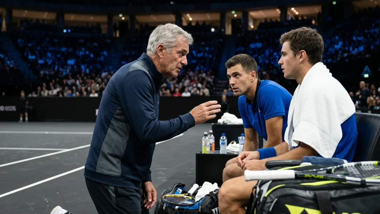 Trofeo ufficiale della Laver Cup sul campo da tennis nero per la sfida tra Team Europe e Team World